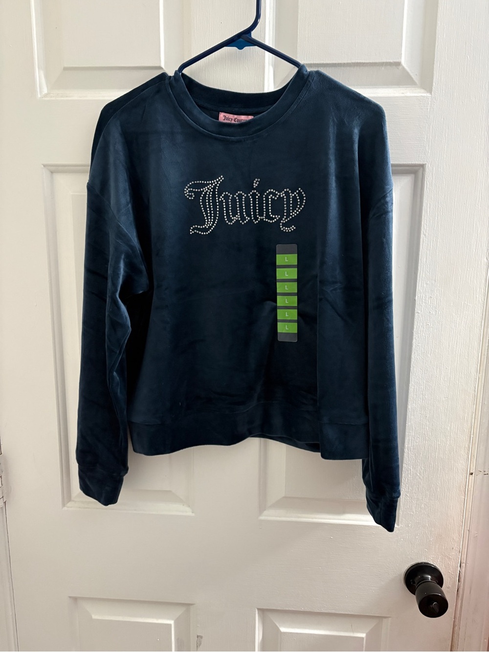 Juicy Couture Navy Velour Crystal 'Juicy' Logo Crewneck